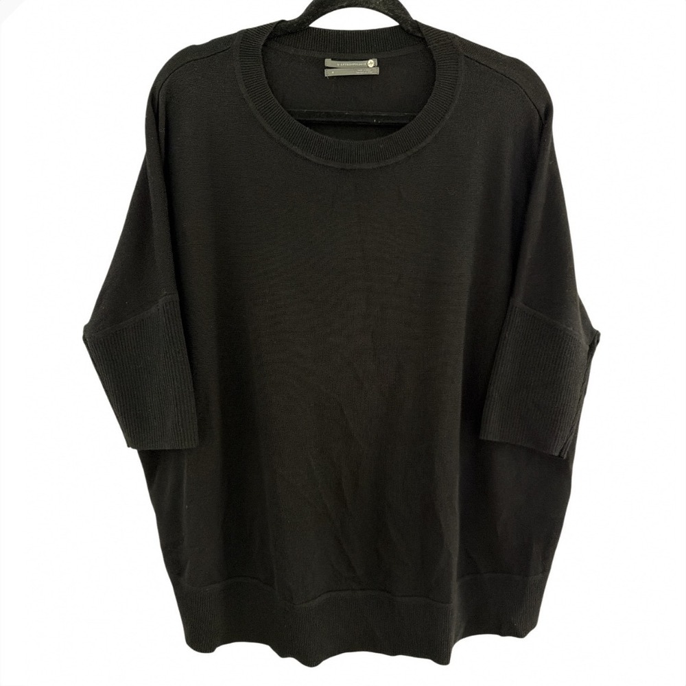 Anthropologie Medium Black Merino Wool Oversized Crewneck Sweater 3/4‎ Sleeve
